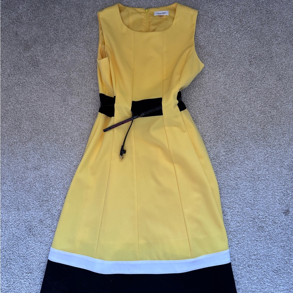 Calvin Klein Yellow Midi Dress with Black and White Details
